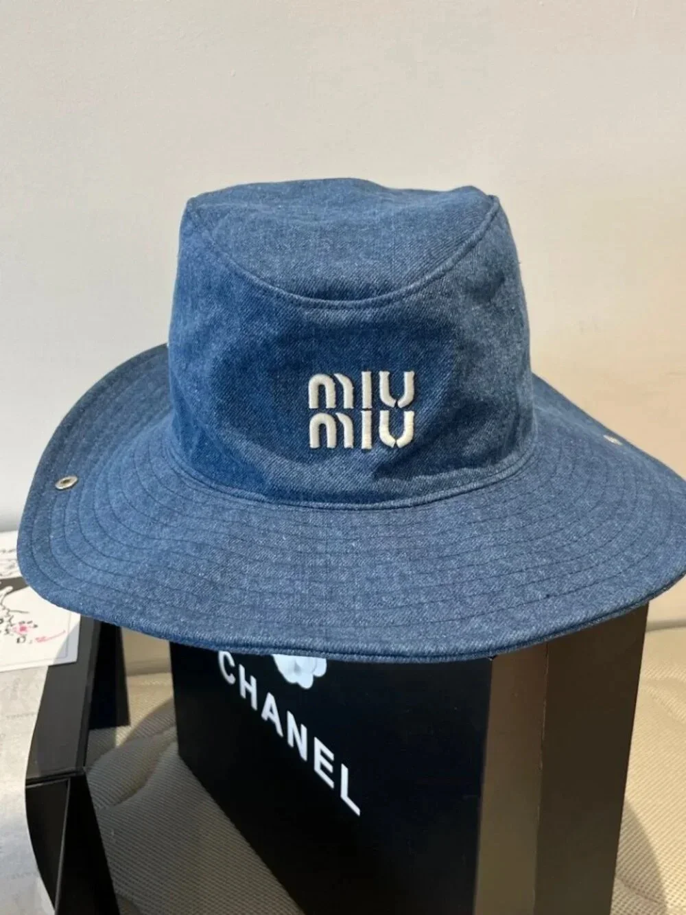 Miu Miu Denim Bucket Hat in Indigo Blue with White Logo
